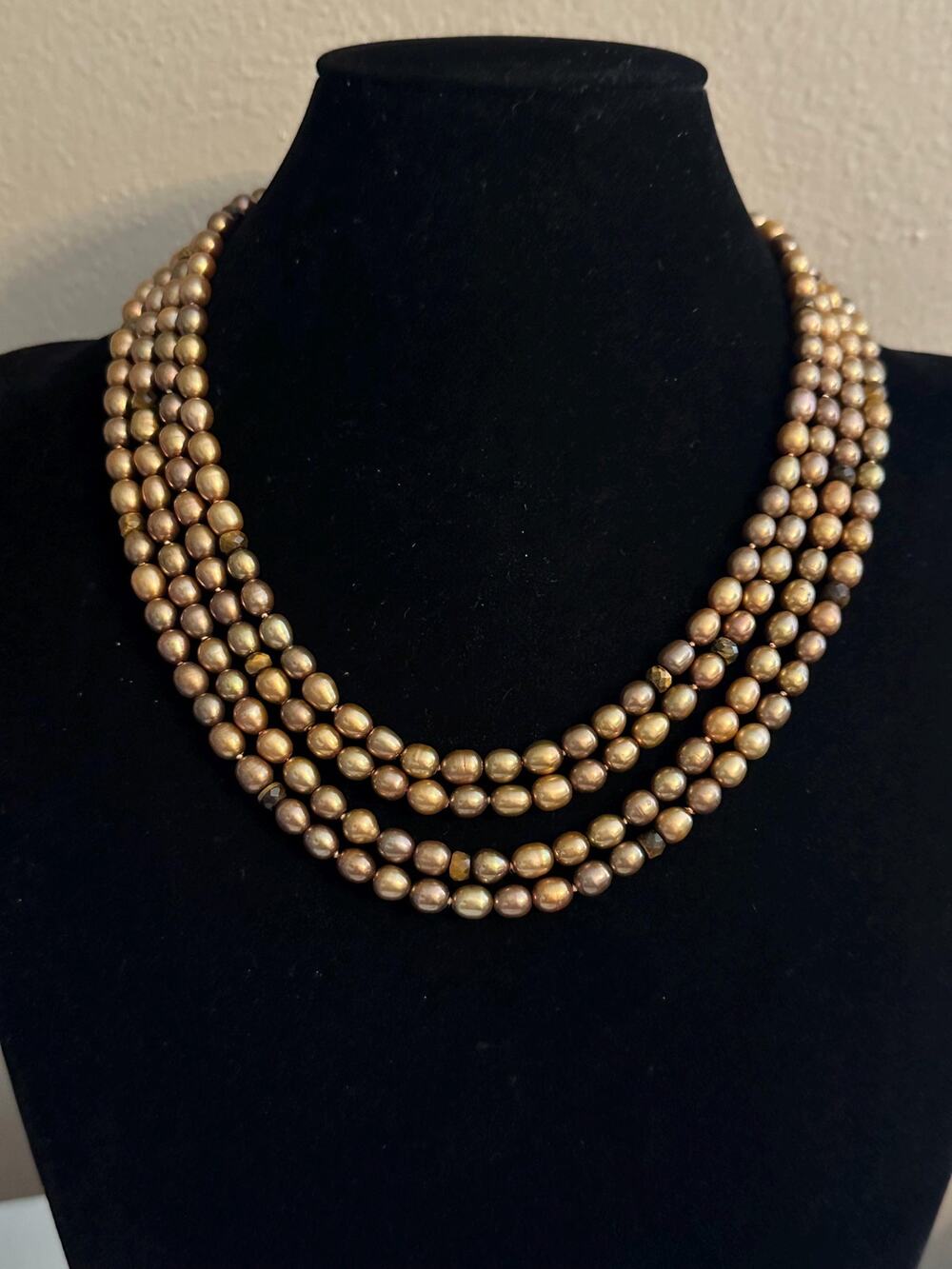 Vintage Bronze Freshwater Pearl Necklace | Four Strand | Sterling Silver Clasp